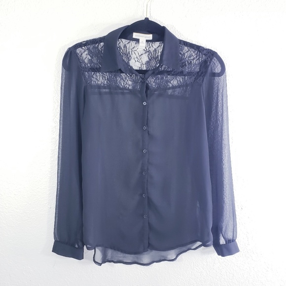 Ambiance Tops - Ambiance Apparel Black Lace Button Down Blouse